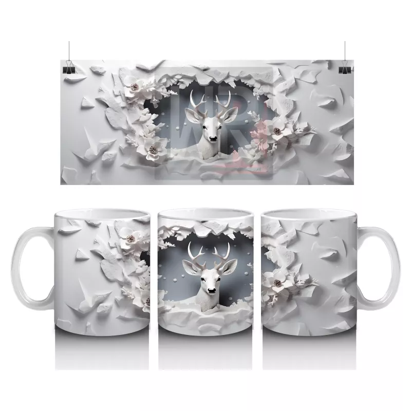 Beyaz Çiçeklerle Süslenmiş Çatlak Zeminden Bakan Geyik - Baskılı kahve kupası