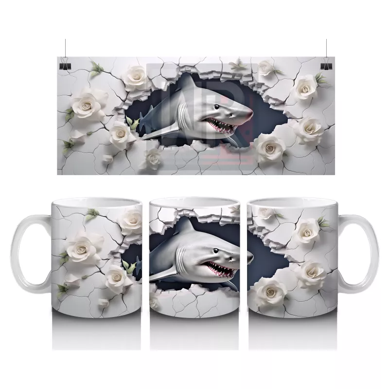 Beyaz Çiçeklerle Süslenmiş Çatlak Zeminden Bakan Köpekbalığı - Baskılı kahve kupası