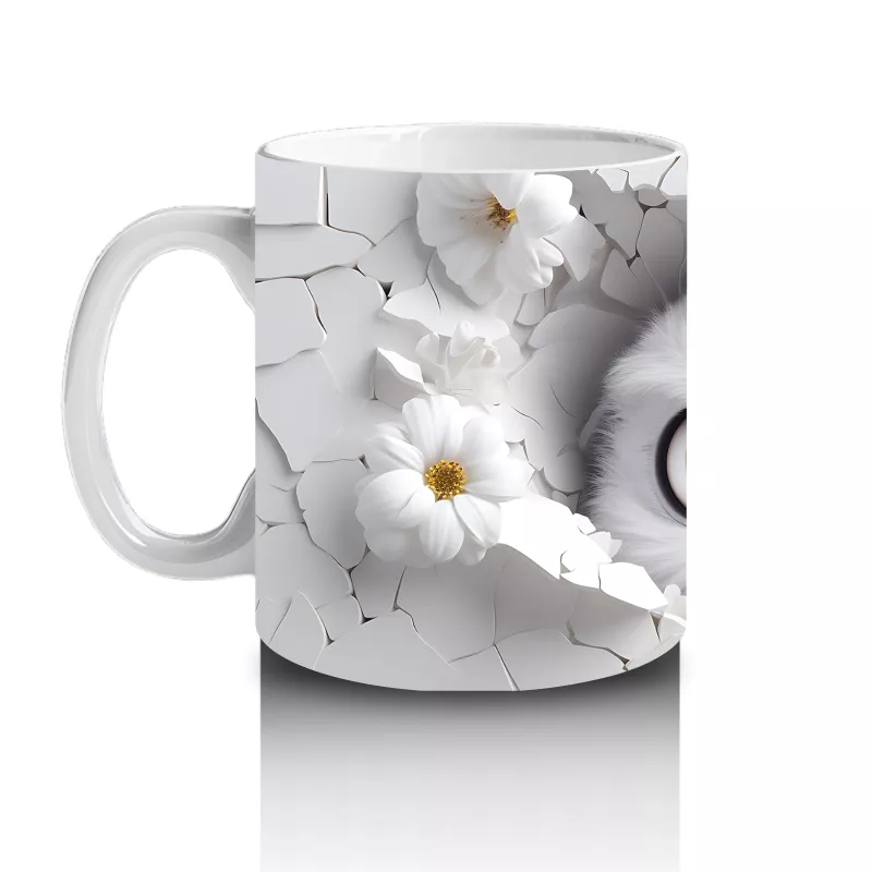 Beyaz Çiçeklerle Süslenmiş Çatlakta Sevimli Baykuş – Baskılı Kahve Kupası - 2