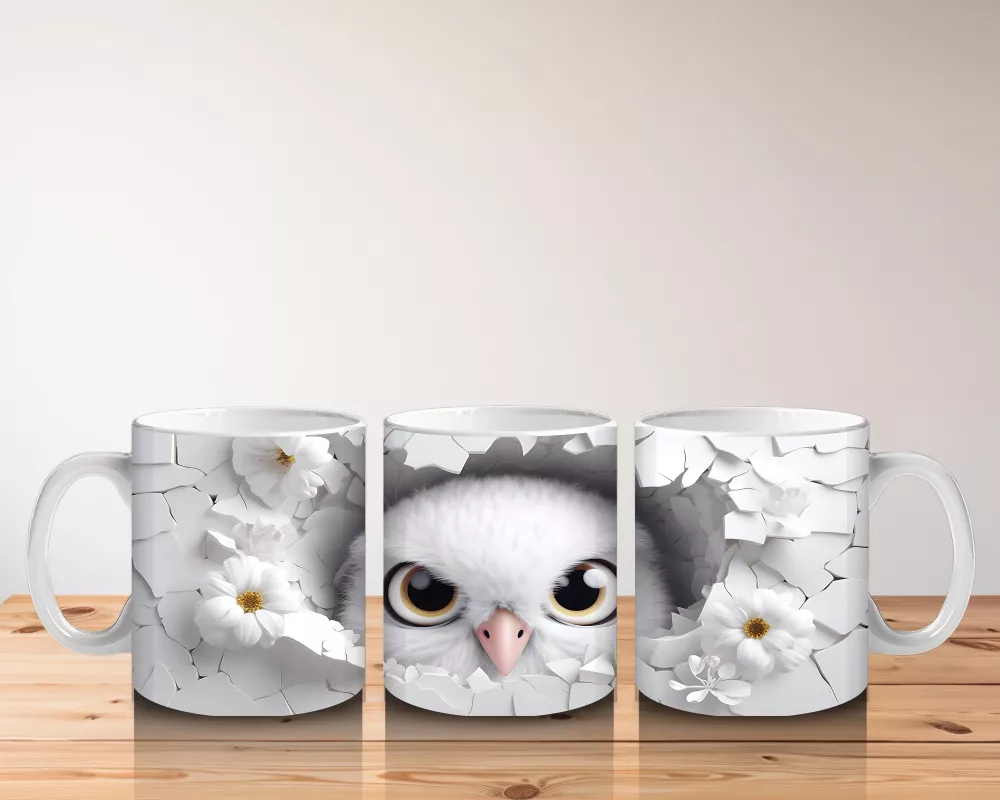 Beyaz Çiçeklerle Süslenmiş Çatlakta Sevimli Baykuş – Baskılı Kahve Kupası - 5
