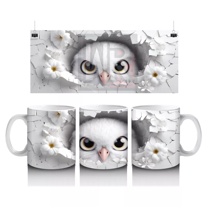 Beyaz Çiçeklerle Süslenmiş Çatlakta Sevimli Baykuş – Baskılı Kahve Kupası