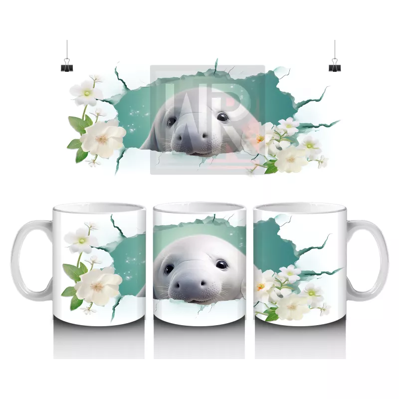 Beyaz Çiçeklerle Süslenmiş Sevimli Fok – Baskılı Kahve Kupası