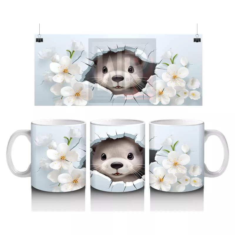 Beyaz Çiçeklerle Süslenmiş Sevimli Su Samuru – Baskılı Kahve Kupası