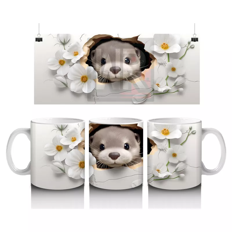 Beyaz Çiçeklerle Süslenmiş Tatlı Su Samuru – Baskılı Kahve Kupası