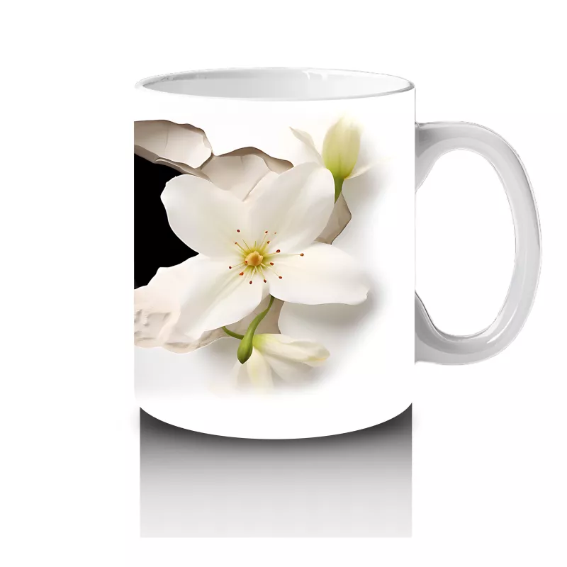 Beyaz Çiçekli Arka Planda Sevimli Tavşan - Baskılı Kahve Kupası - 4