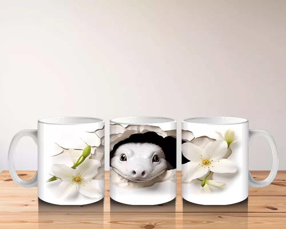 Beyaz Çiçekli Arka Planda Sevimli Tavşan - Baskılı Kahve Kupası - 5