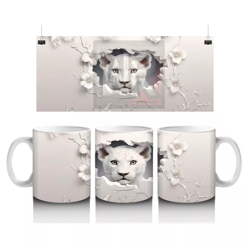 Beyaz Çiçekli Çatlakta Bakan Sevimli Kaplan – Baskılı Kahve Kupası