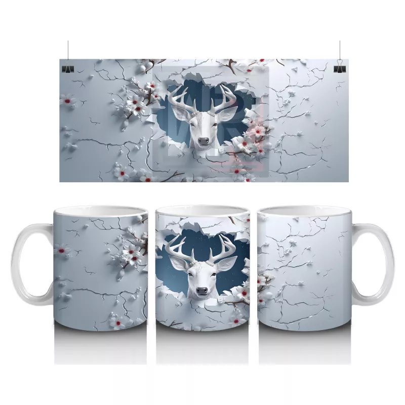 Beyaz Çiçekli Dallar Üzerinde Geyik – Baskılı Kahve Kupası