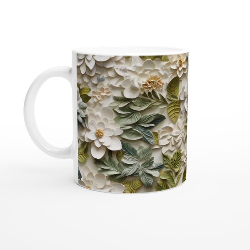 Beyaz Çiçekli Doğal Yaprak Desenli Kupa