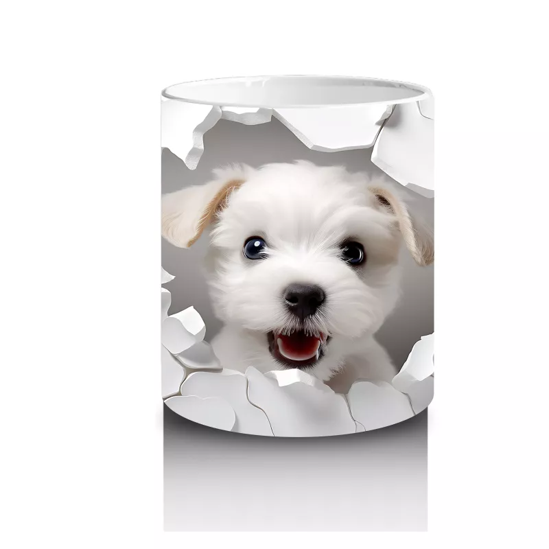 Beyaz Çiçekli Duvarı Delen Sevimli Köpek – Baskılı Kahve Kupası - 3