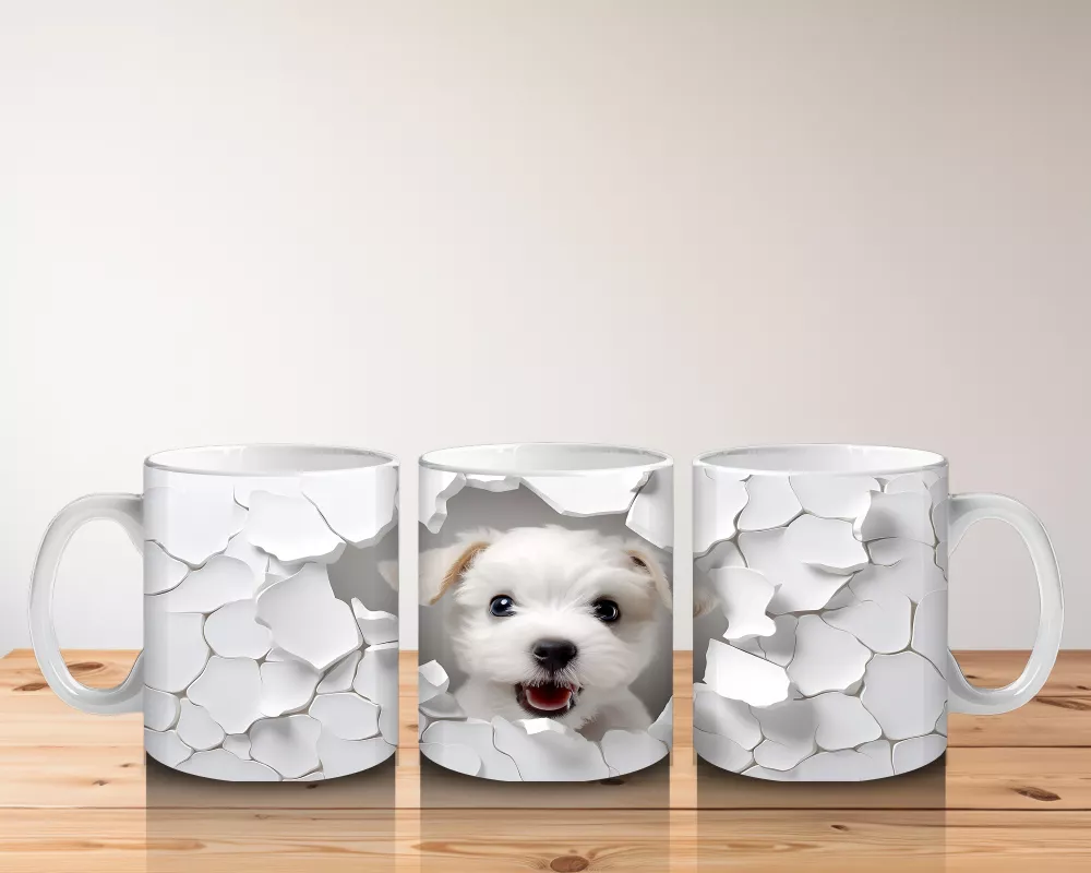 Beyaz Çiçekli Duvarı Delen Sevimli Köpek – Baskılı Kahve Kupası - 5