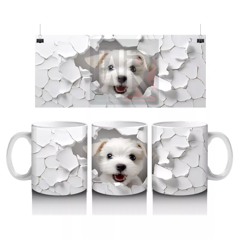 Beyaz Çiçekli Duvarı Delen Sevimli Köpek – Baskılı Kahve Kupası