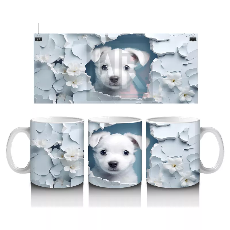 Beyaz Çiçekli Duvarı Delen Tatlı Yavru Köpek Kupa