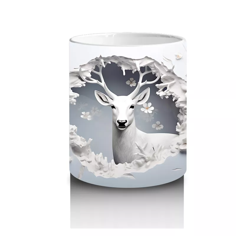 Beyaz Çiçekli Fon Üzerinde Geyik – Baskılı Kahve Kupası - 3