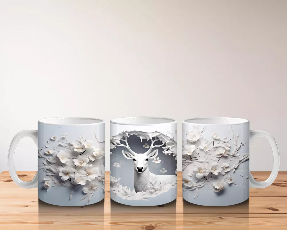 Beyaz Çiçekli Fon Üzerinde Geyik – Baskılı Kahve Kupası - 5