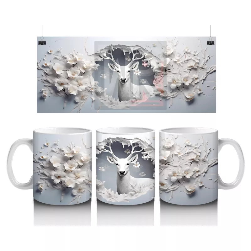 Beyaz Çiçekli Fon Üzerinde Geyik – Baskılı Kahve Kupası