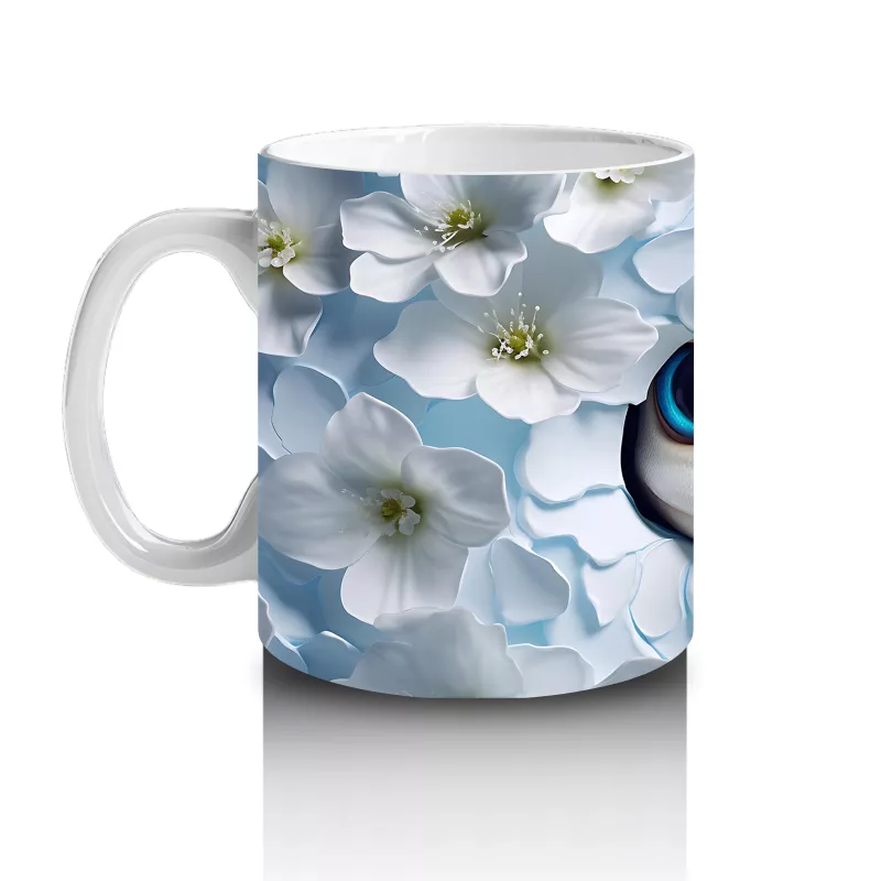 Beyaz Çiçekli Fon Üzerinde Mavi Gözlü Yavru – Baskılı Kahve Kupası - 2