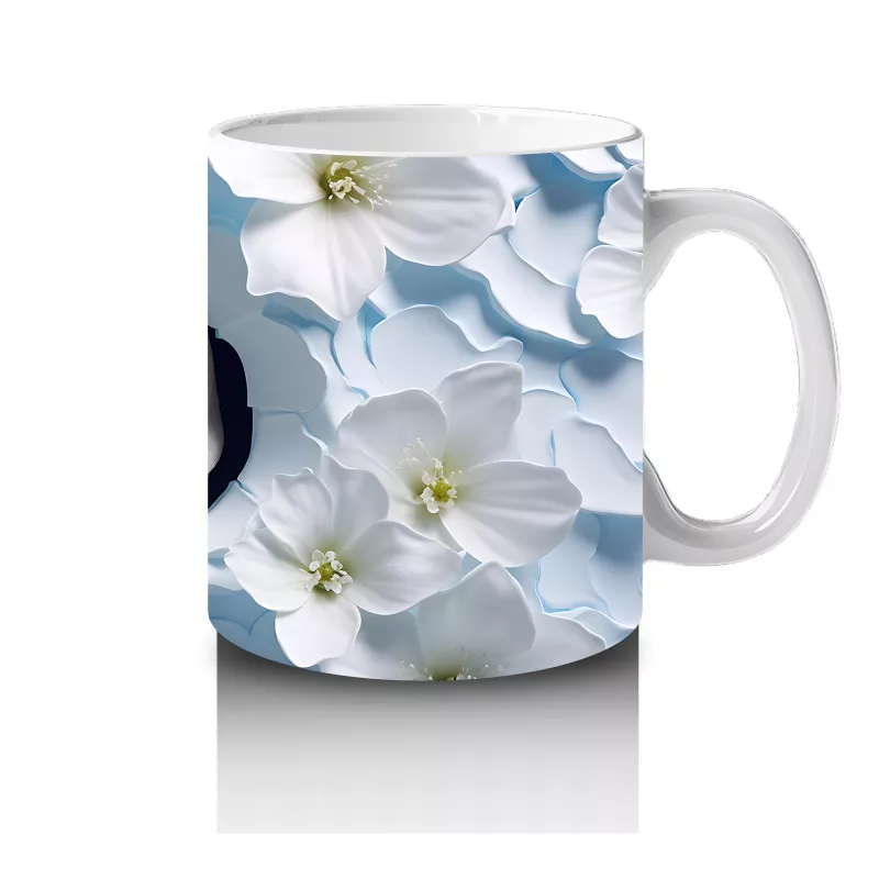 Beyaz Çiçekli Fon Üzerinde Mavi Gözlü Yavru – Baskılı Kahve Kupası - 4