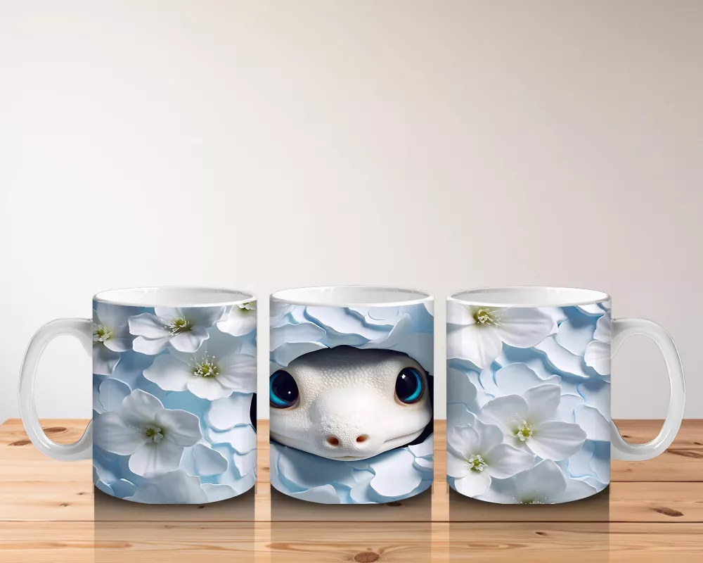 Beyaz Çiçekli Fon Üzerinde Mavi Gözlü Yavru – Baskılı Kahve Kupası - 5