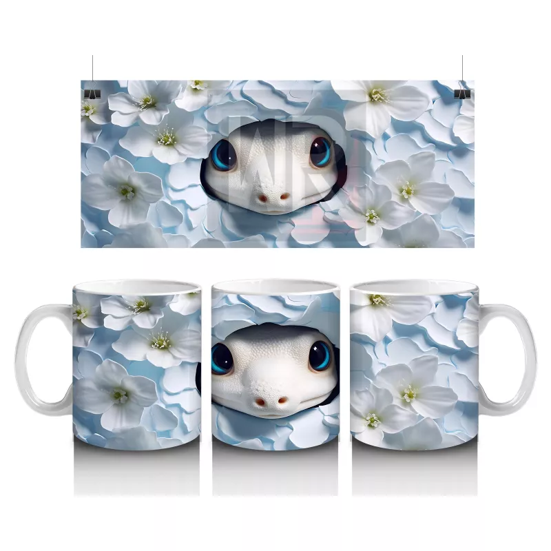 Beyaz Çiçekli Fon Üzerinde Mavi Gözlü Yavru – Baskılı Kahve Kupası