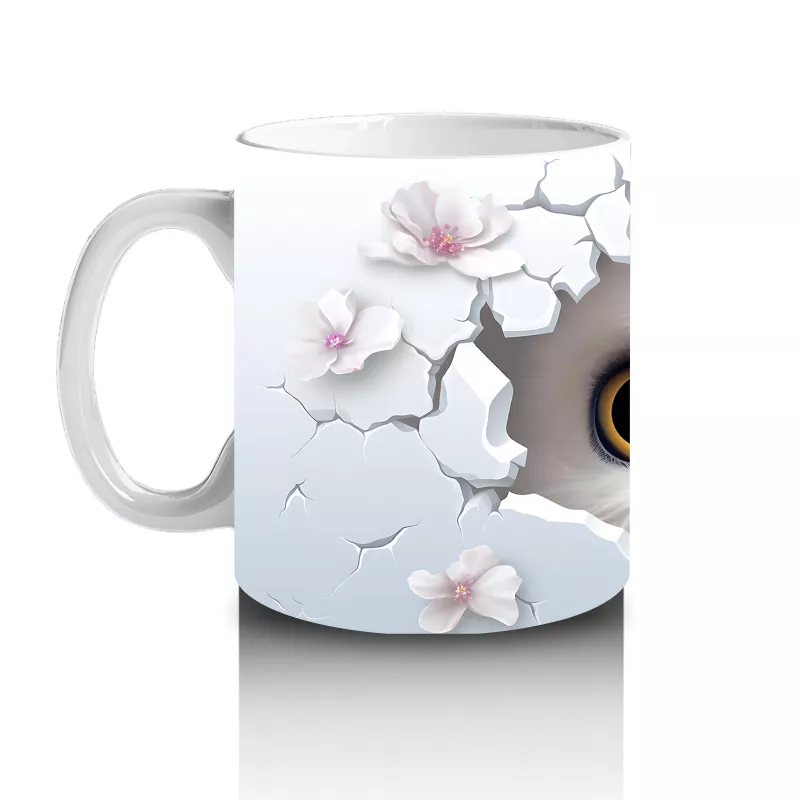 Beyaz Çiçekli Fon Üzerinde Parlak Gözlü Baykuş – Baskılı Kahve Kupası - 2