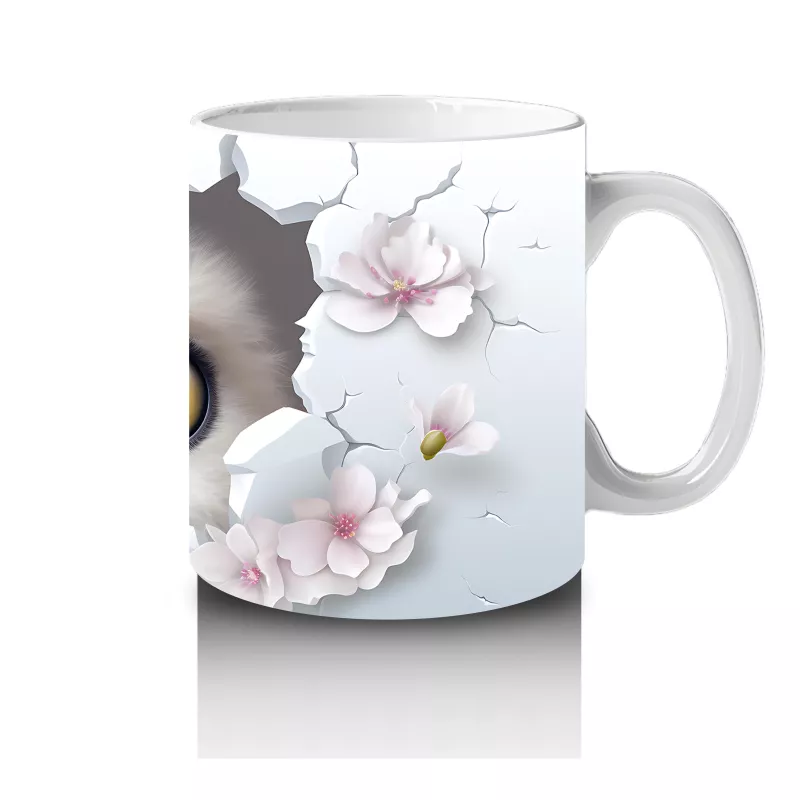 Beyaz Çiçekli Fon Üzerinde Parlak Gözlü Baykuş – Baskılı Kahve Kupası - 4