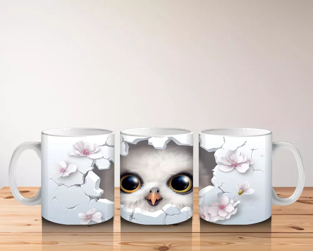 Beyaz Çiçekli Fon Üzerinde Parlak Gözlü Baykuş – Baskılı Kahve Kupası - 5