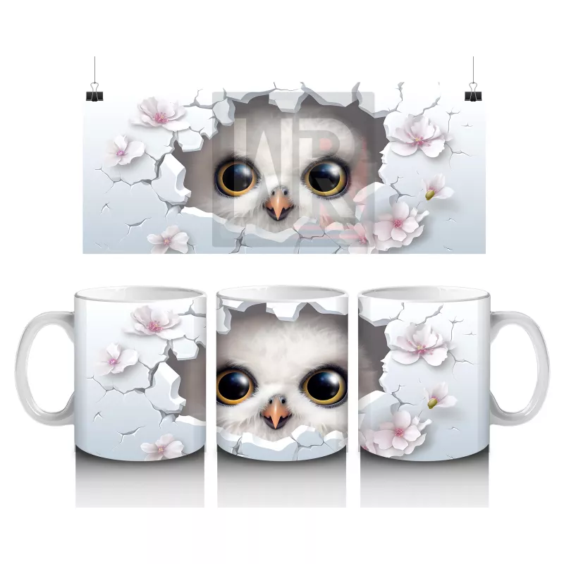 Beyaz Çiçekli Fon Üzerinde Parlak Gözlü Baykuş – Baskılı Kahve Kupası