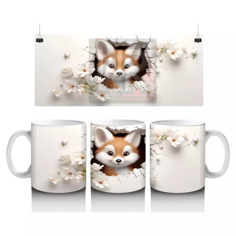 Beyaz Çiçekli Fon Üzerinde Sevimli Tilki – Baskılı Kahve Kupası