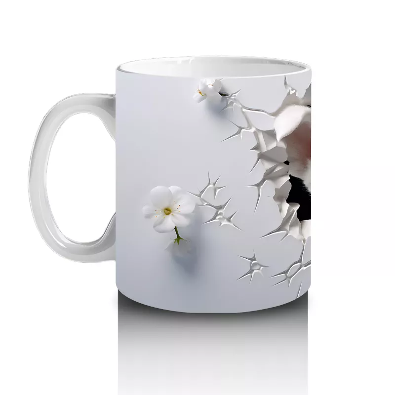 Beyaz Çiçekli Fon Üzerinde Sevimli Yavru – Baskılı Kahve Kupası - 2