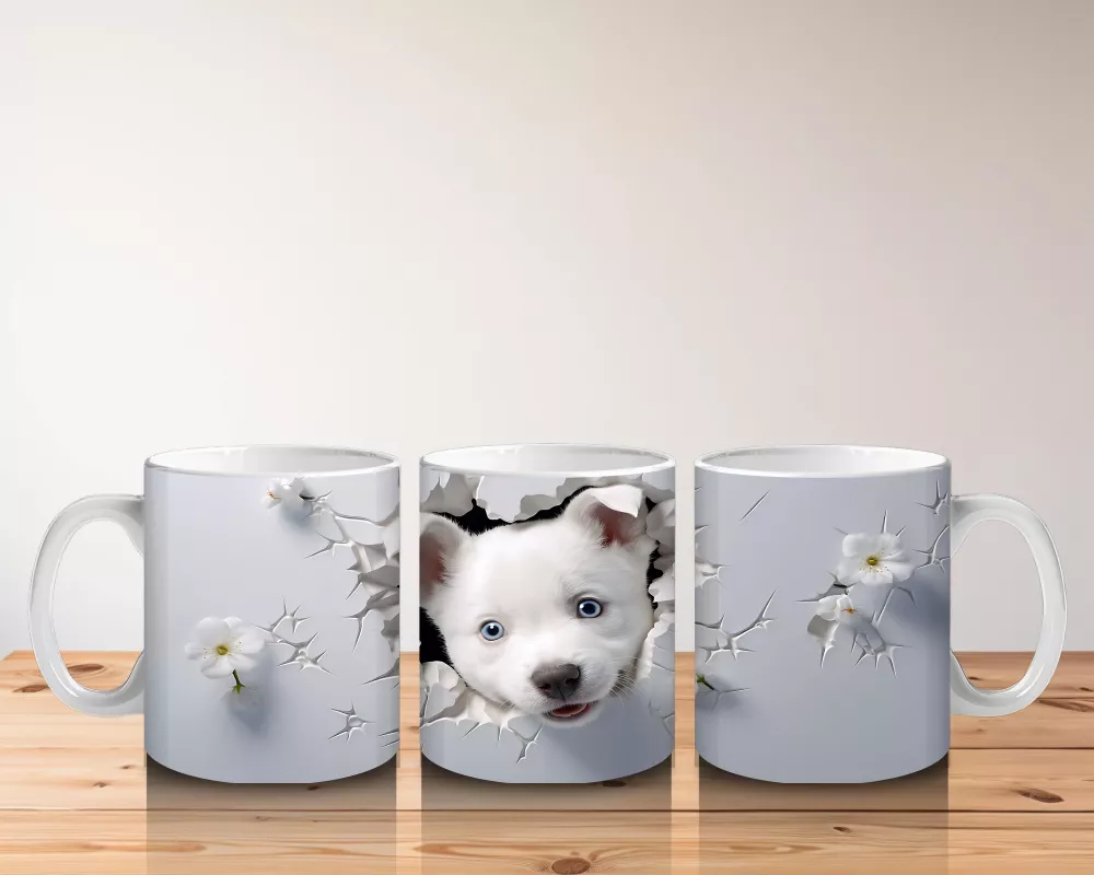 Beyaz Çiçekli Fon Üzerinde Sevimli Yavru – Baskılı Kahve Kupası - 5