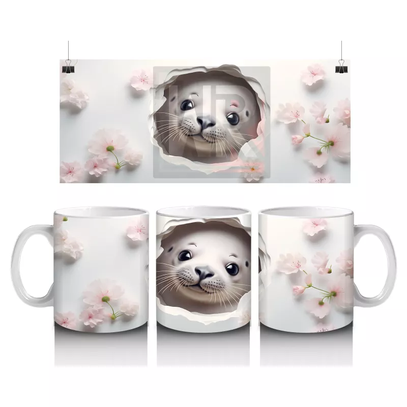 Beyaz Çiçekli Fon Üzerinde Şirin Su Samuru – Baskılı Kahve Kupası