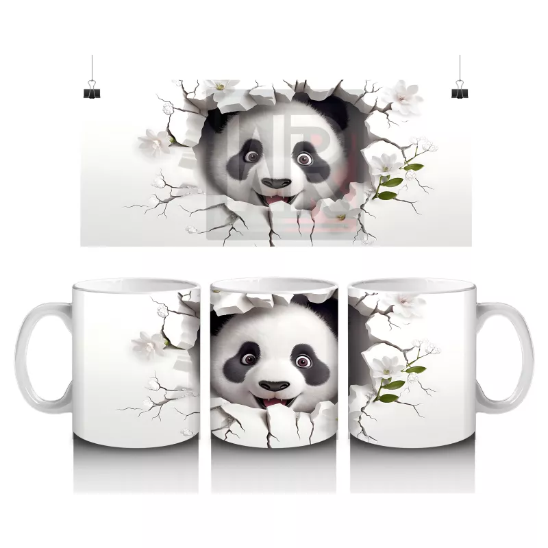 Beyaz Çiçekli Fon Üzerinde Tatlı Panda – Baskılı Kahve Kupası