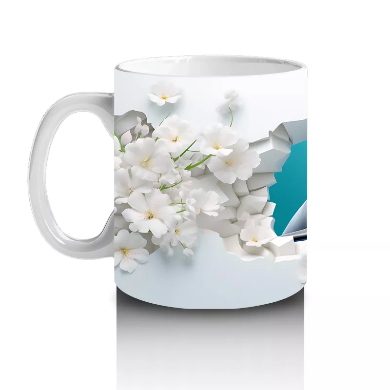 Beyaz Çiçekli Fon Üzerinde Zıplayan Yunus – Baskılı Kahve Kupası - 2