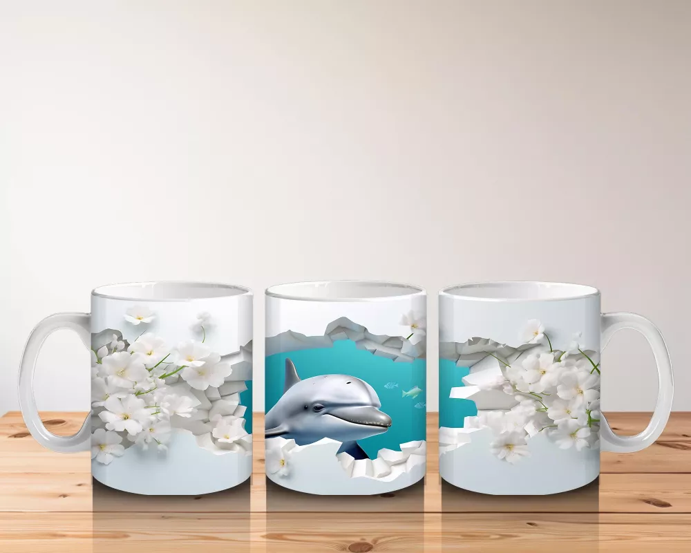 Beyaz Çiçekli Fon Üzerinde Zıplayan Yunus – Baskılı Kahve Kupası - 5