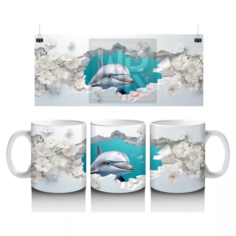 Beyaz Çiçekli Fon Üzerinde Zıplayan Yunus – Baskılı Kahve Kupası