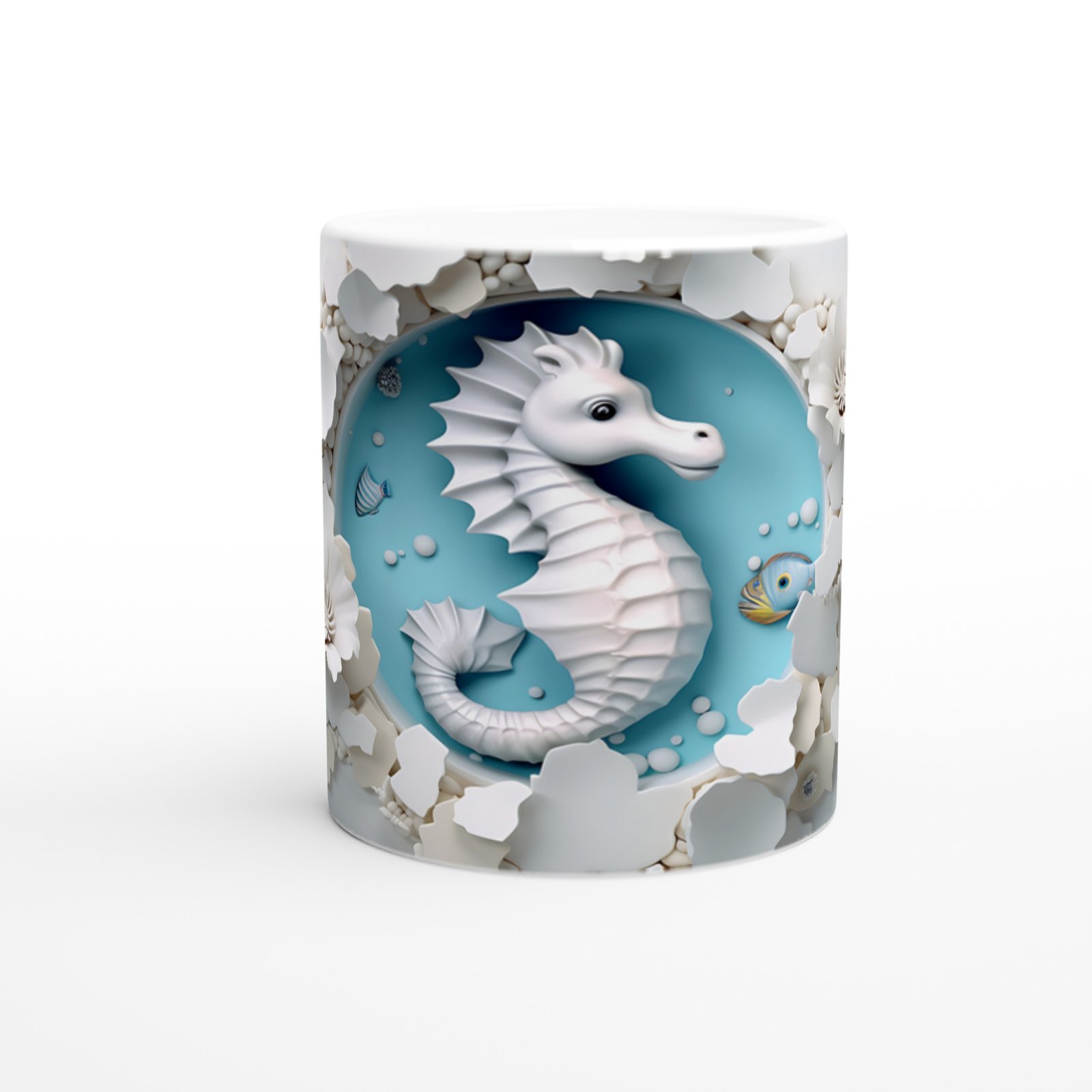 Beyaz Denizatı ve Çiçek Motifli Su Altı Temalı Kupa Bardak