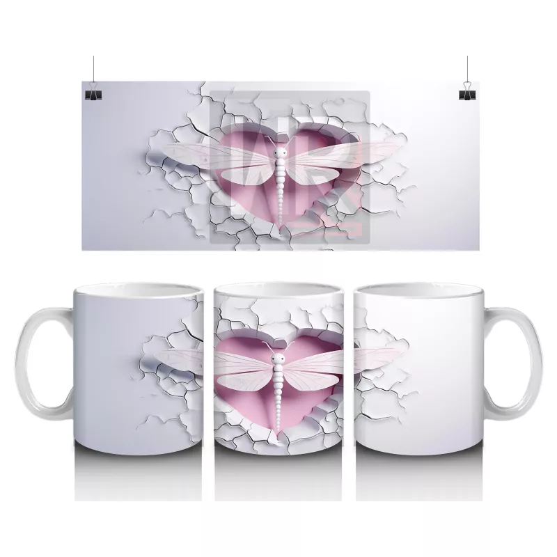 Beyaz Duvar Üzerinde Pembe Kanatlı Yusufçuk – Baskılı Kahve Kupası