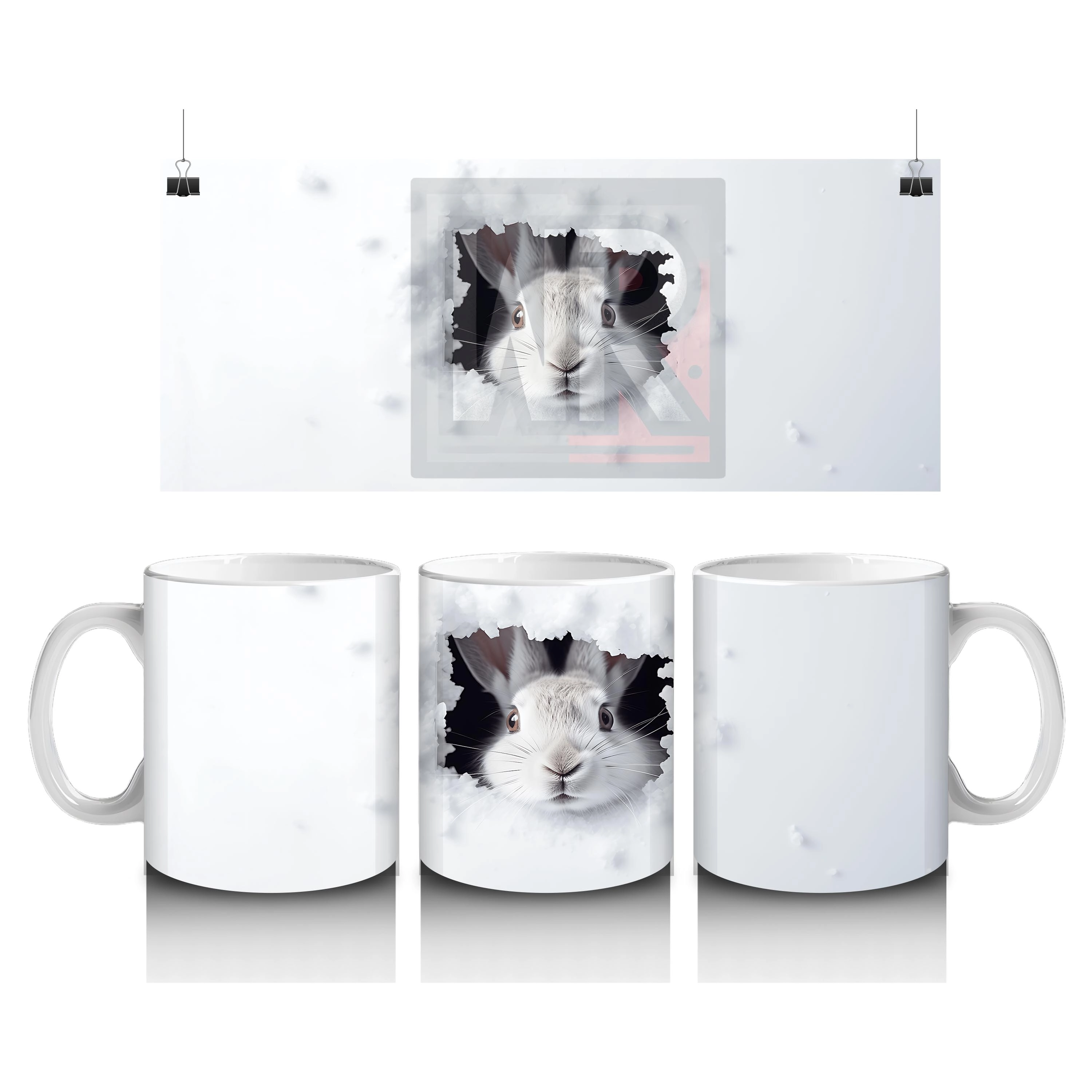 Beyaz Duvarda Beliren Yavru Tavşan – Baskılı Kahve Kupası