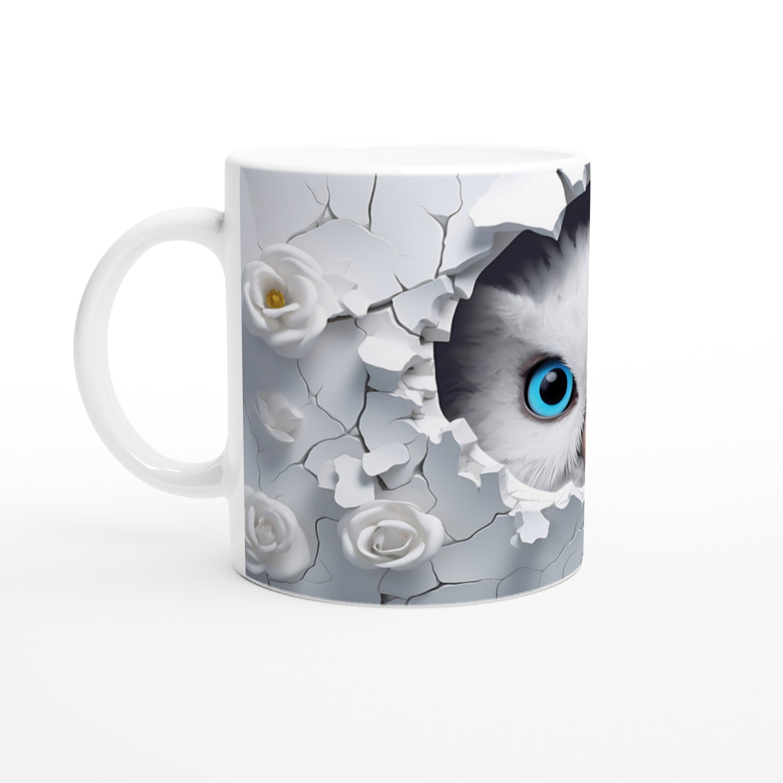 Beyaz Güller Arasında Mavi Gözlü Baykuş Temalı Baskılı Kupa Bardak - 2