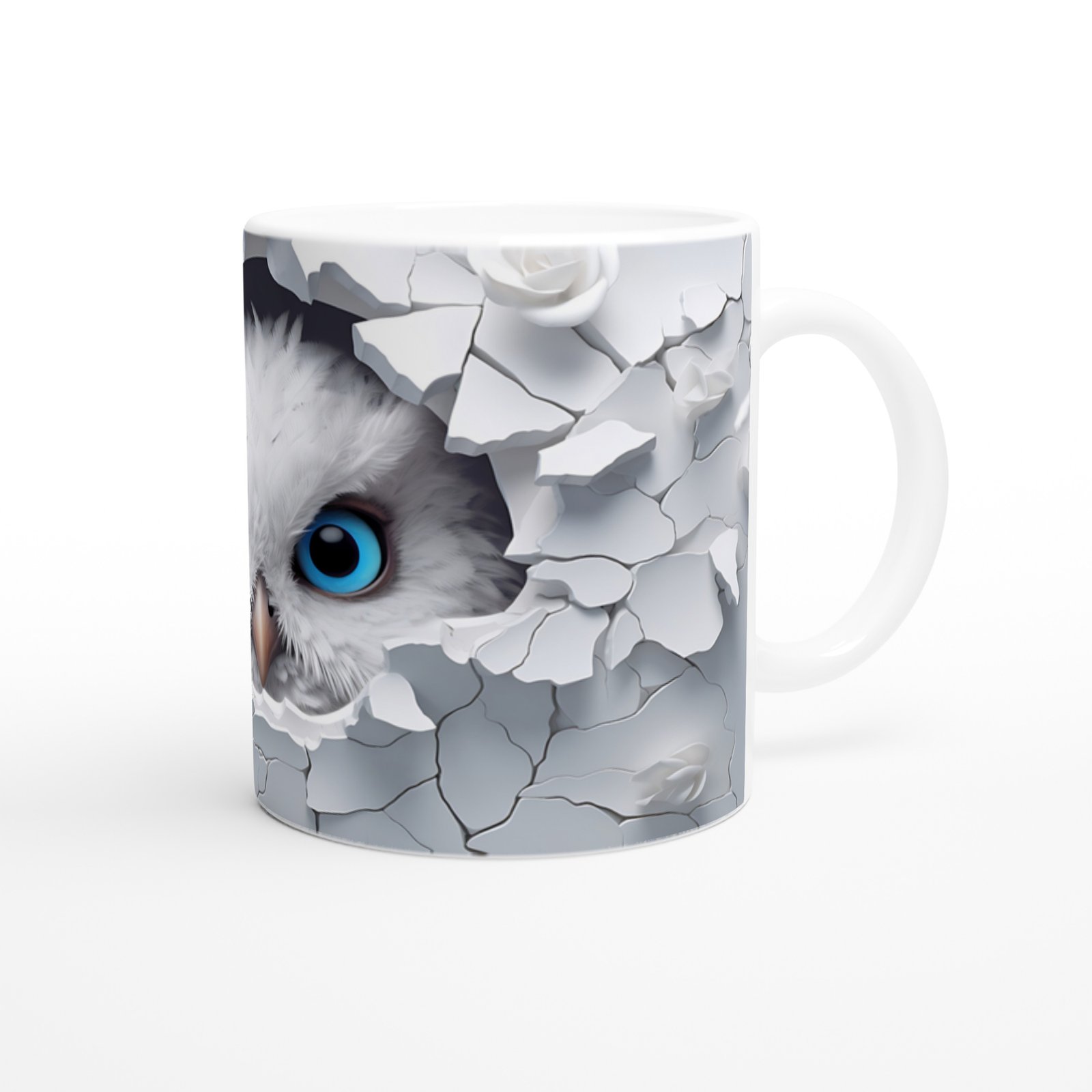 Beyaz Güller Arasında Mavi Gözlü Baykuş Temalı Baskılı Kupa Bardak - 3