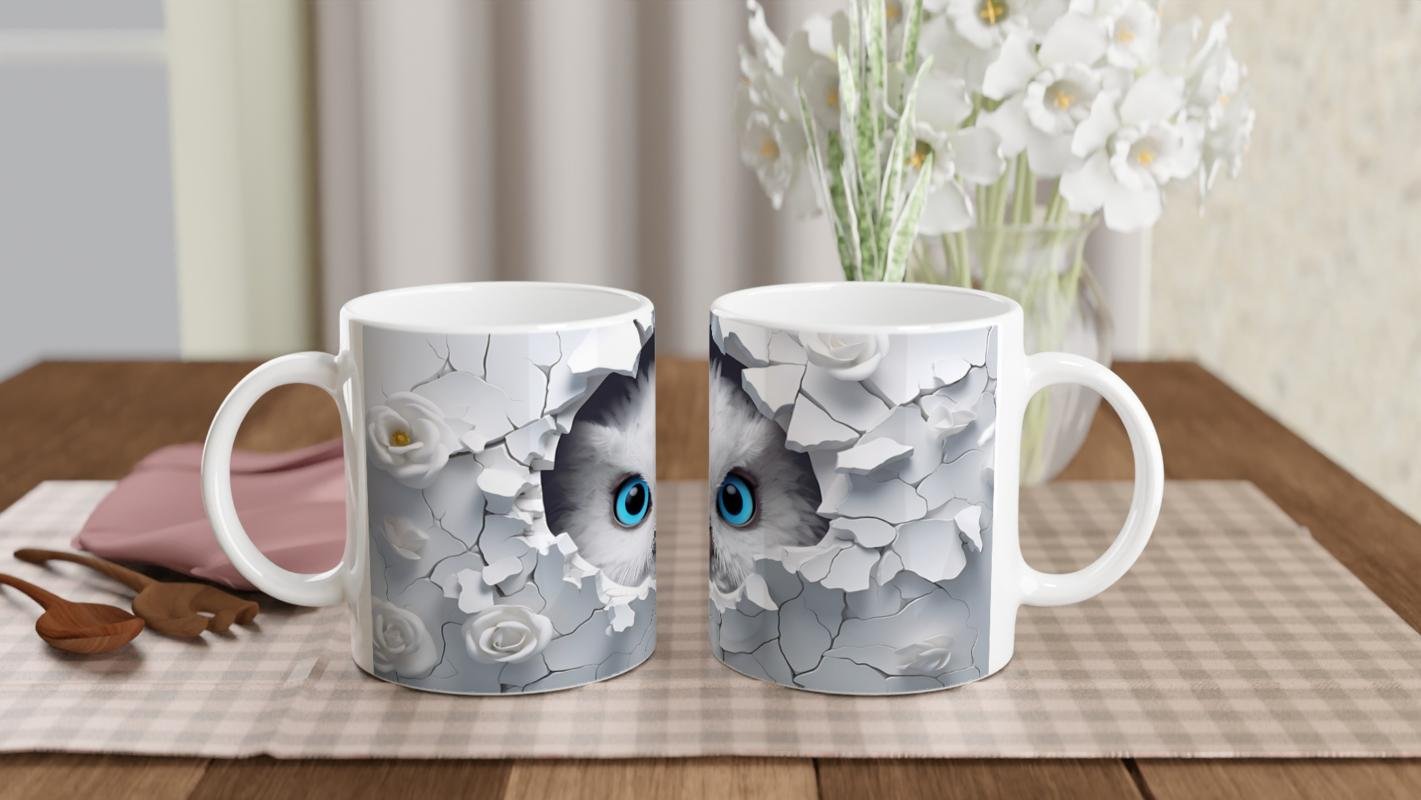 Beyaz Güller Arasında Mavi Gözlü Baykuş Temalı Baskılı Kupa Bardak - 5