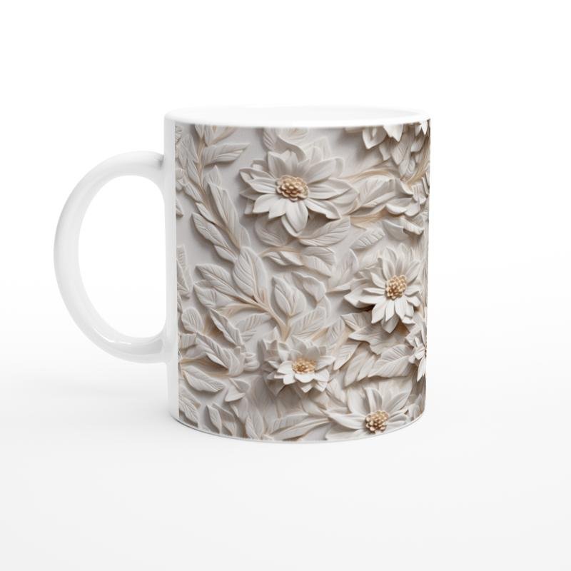 Beyaz Rölyef Çiçek Desenli Kupa Bardak