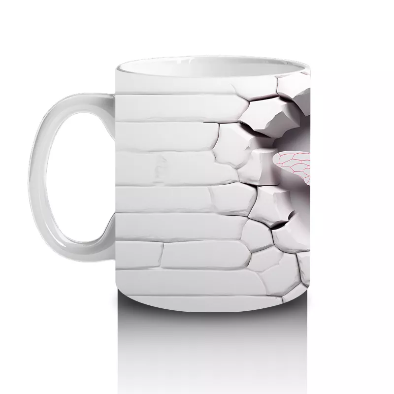 Beyaz Tuğla Üzerinde Pembe Yusufçuk – Baskılı Kahve Kupası - 2