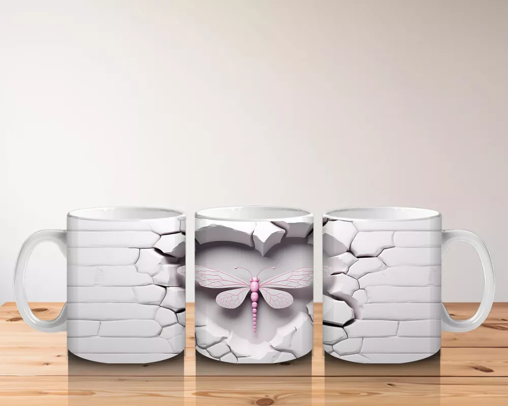 Beyaz Tuğla Üzerinde Pembe Yusufçuk – Baskılı Kahve Kupası - 5