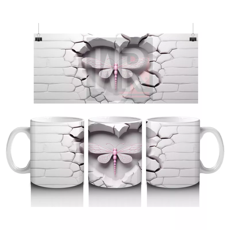 Beyaz Tuğla Zemin Üzerinde Simetrik Yusufçuk – Baskılı Kahve Kupası