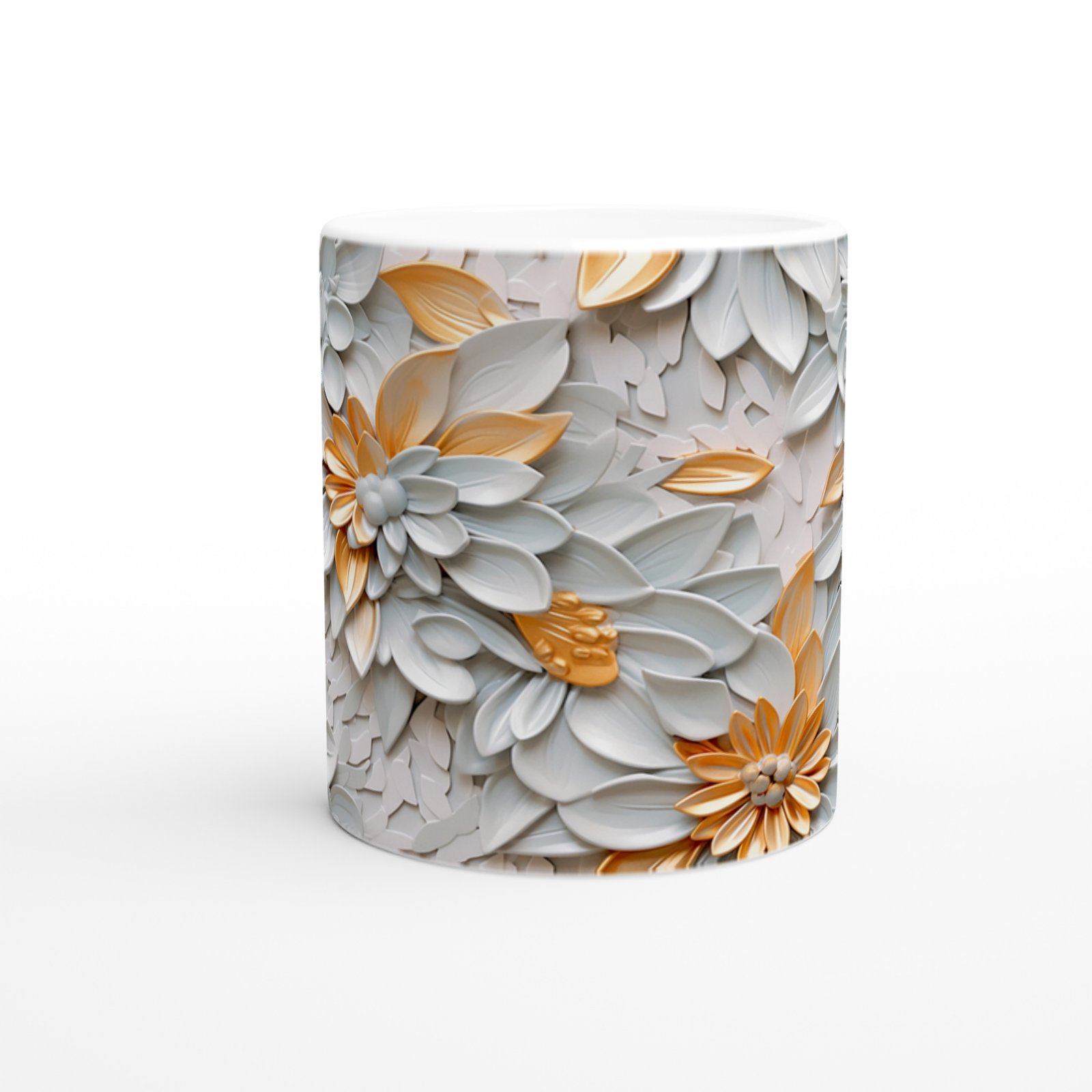 Beyaz ve Altın Detaylı Lüks Çiçek Desenli Kupa Bardak - 2