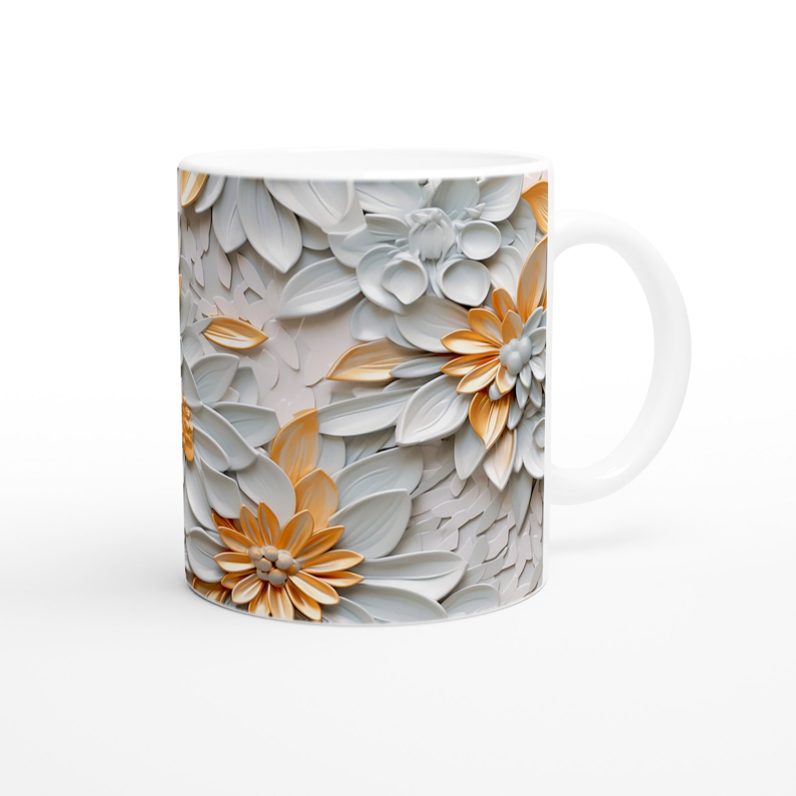 Beyaz ve Altın Detaylı Lüks Çiçek Desenli Kupa Bardak - 3