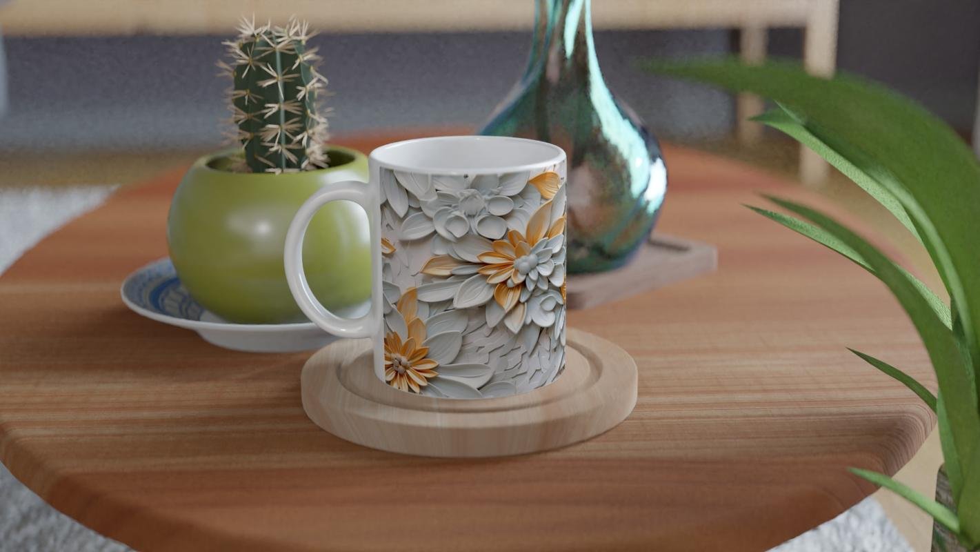 Beyaz ve Altın Detaylı Lüks Çiçek Desenli Kupa Bardak - 4