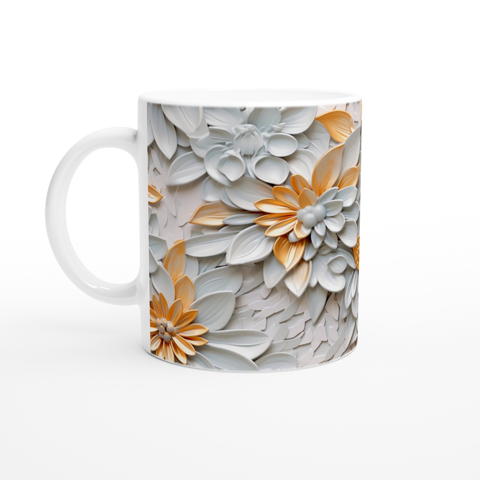 Beyaz ve Altın Detaylı Lüks Çiçek Desenli Kupa Bardak